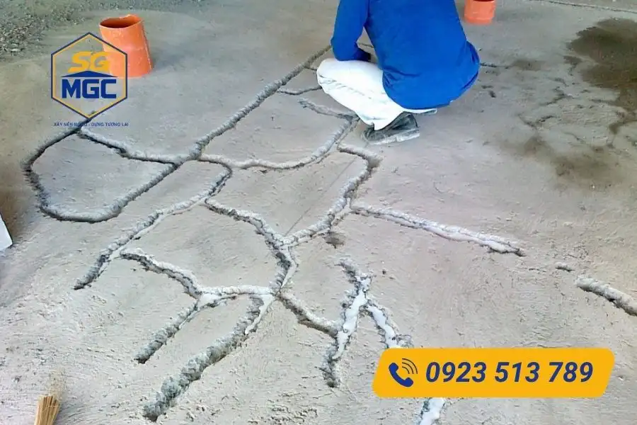 Bơm keo trám vào rảnh sàn nứt chân chim